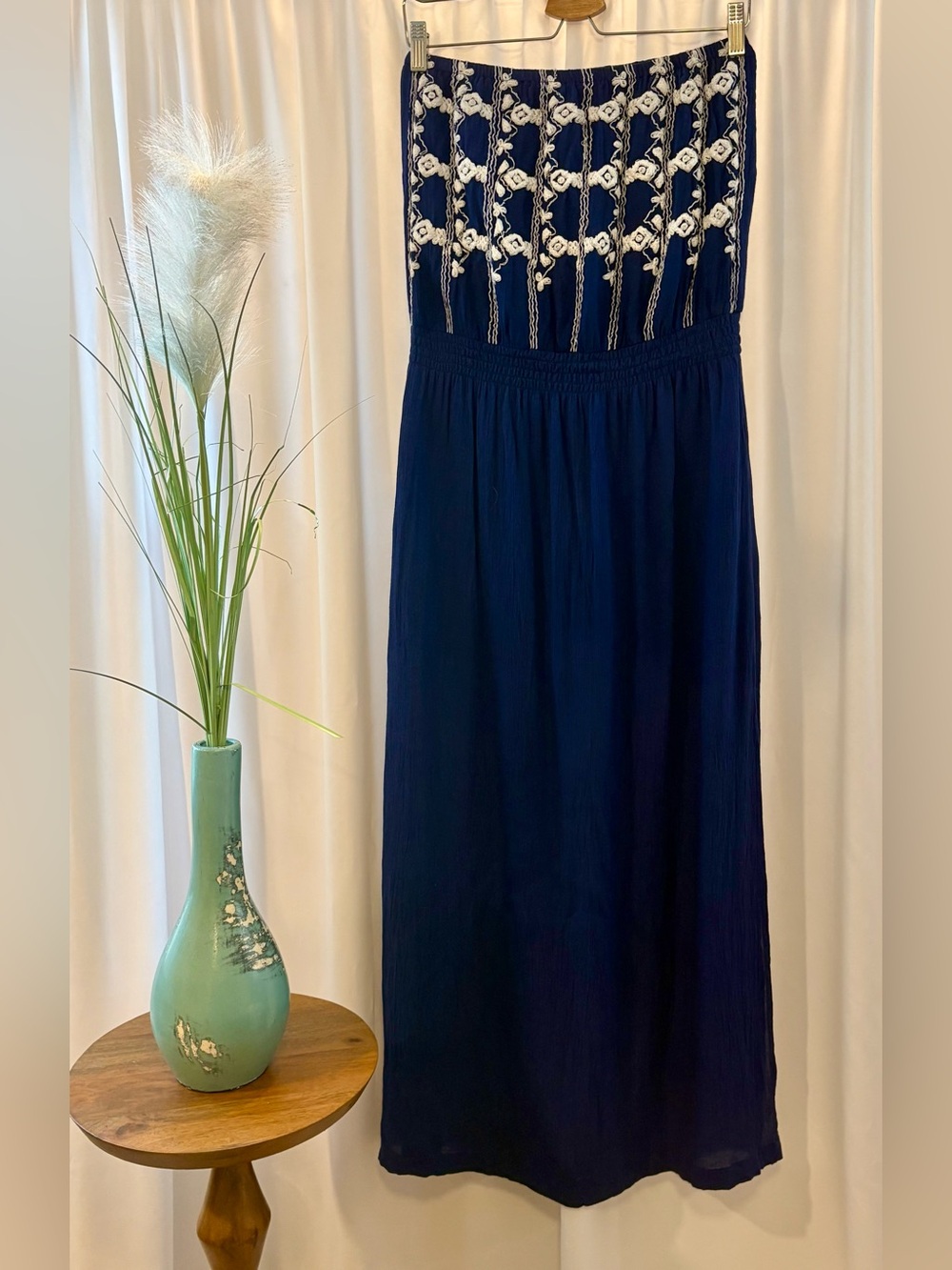 LA Made Navy Blue Embroidered Strapless Gauze Maxi Dress Slits M